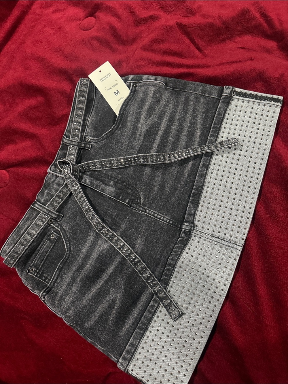 Women's Black Washed Denim Mini Skirt with Studded Hem